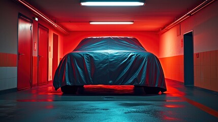 Car under a draped cover in a red-lit indoor garage