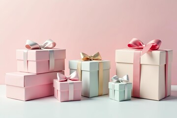 Obraz premium Assortment of pastel wrapped gift boxes on a clean white surface, baby shower, bow