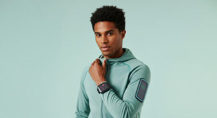 Fototapeta premium African male young adult in sportswear with smartwatch on light background
