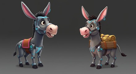 Cartoon Donkey Characters with Robotic Accents Standing