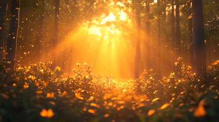 Fototapeta premium Sunlight Streaming Through Forest Canopy Illuminating Wildflowers in Golden Light