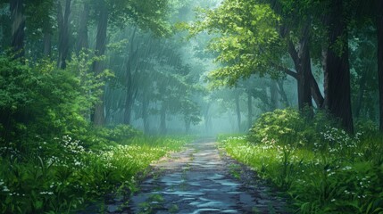 Obraz premium Rainy Day in Enchanting Forest Path