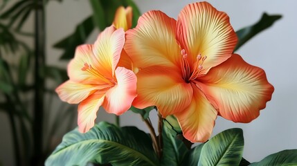 Fototapeta premium Exotic Orange and Yellow Hibiscus Flowers CloseUp with Green Leaves and Stems