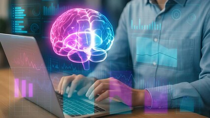 Person Using Laptop with Digital Brain Concept and Data Analytics Visuals for Innovation

