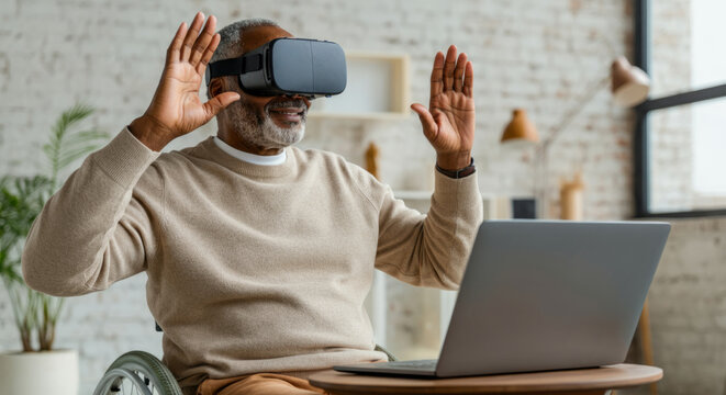 Elderly african male enjoying virtual reality experience with headset and laptop
