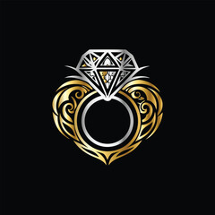 Diamond ring. Luxury gold jewelry. Vector illustration on black background. Wedding Diamond Ring Luxury Logo Icon. Vector illustration.