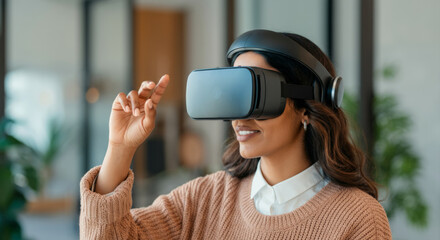 Asian female engages with virtual reality headset in modern setting