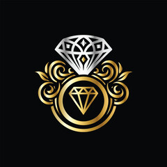 Diamond ring. Luxury gold jewelry. Vector illustration on black background. Wedding Diamond Ring Luxury Logo Icon. Vector illustration.