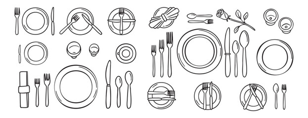 Table settings serving with plate, forks, spoons, knife. Table etiquette. doodle hand drawn icon set. Outline drawing line clipart symbol collection