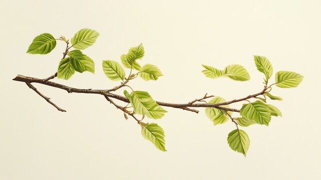 Botanical Illustration of Beech Tree Branch with Fresh Green Leaves