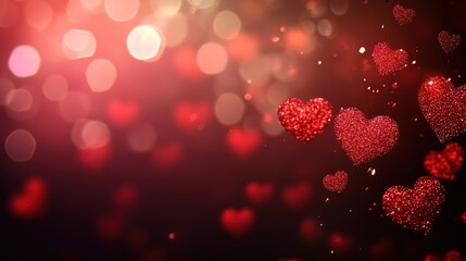 Obraz premium Abstract Dark Gradient Background with Red Hearts and Sparkling Glitter Bokeh for Valentine's Day