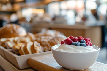A bowl of yogurt topped with fresh raspberries and blueberries, perfect for a healthy breakfast.