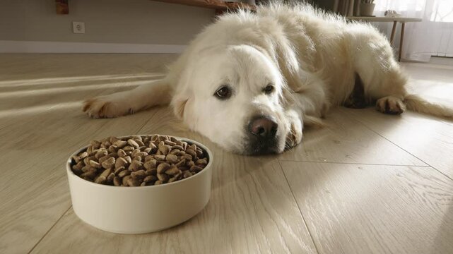 Scruffy Golden Retriever Dog Lays on the Floor in its House. Sad Sick Dog Lies and Sad on the Floor, a Bowl of Food Next to It . Shaggy Dog Fell Ill. Concept Dog Veterinarian Pet Disease