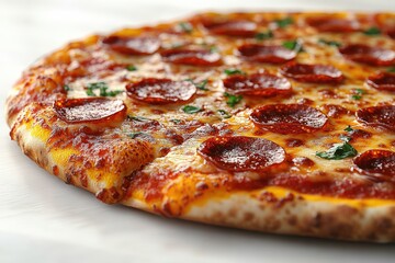 Delicious pepperoni pizza, cheesy, with a slice removed