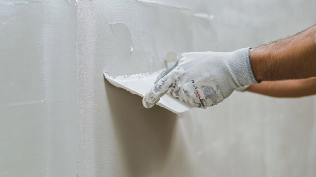 A drywall installer applying a final coat of joint compound. Featuring care and precision