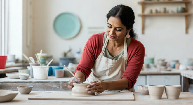 Asian female adult pottery artist crafting ceramics in studio