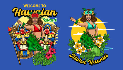 Obraz premium Colorful Hawaiian illustration featuring hula dancers, tiki masks, tropical flowers, and beach sunset vibes. Great for summer, island culture vector illustration