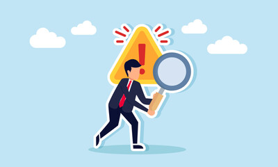 A businessman holding a magnifying glass standing in front of a warning sign, illustration of restrictions and limitations in business research