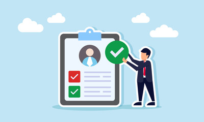A businessman stands next to someone's CV or curriculum vitae while holding a check mark, illustration of getting a suitable and qualified job candidate