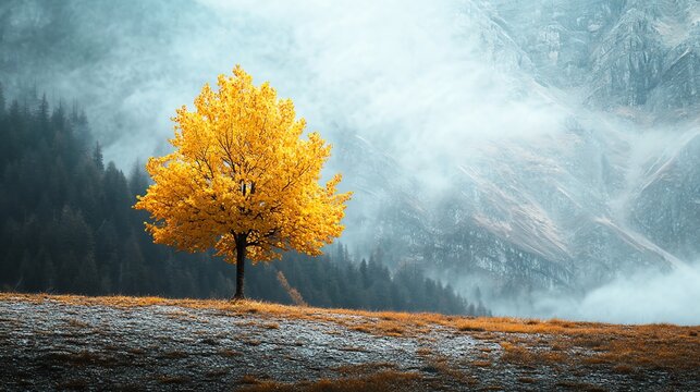 Standing Alone Golden Tree on Hill with Foggy Mountain Backdrop