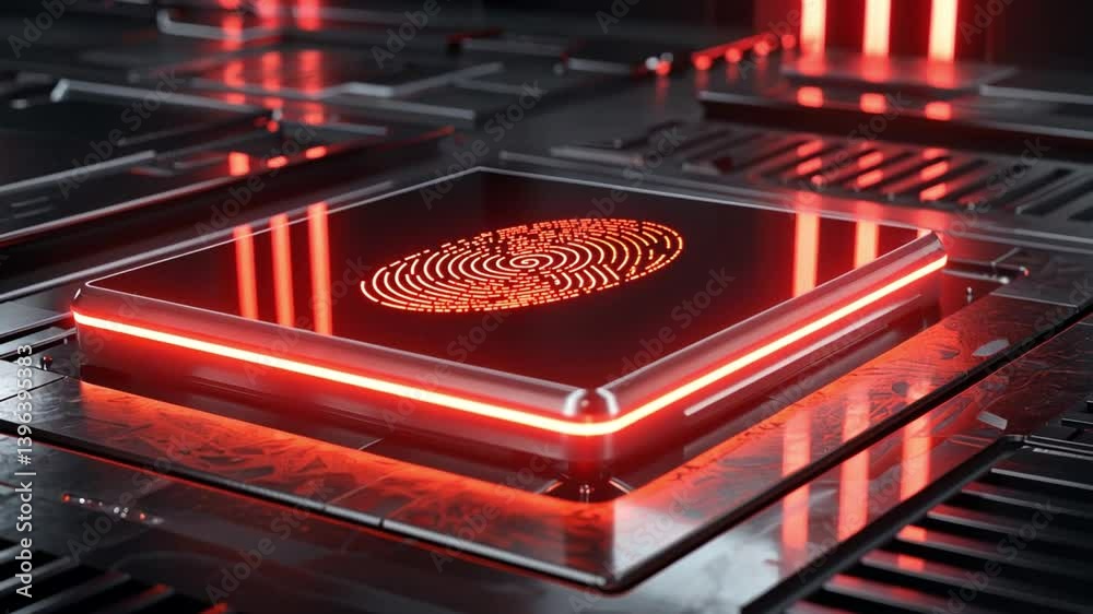 Poster futuristic microchip with glowing fingerprint technology advanced security design in red illuminated