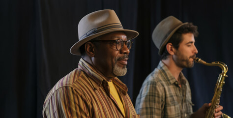 African male musician with saxophone and caucasian male guitarist in performance