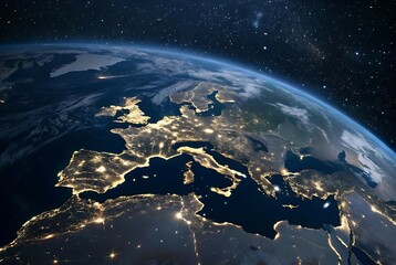  Europe at Night from Space with City Lights on Earth