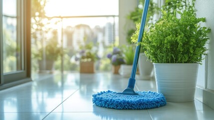 A blue mop resting on a freshly cleaned tile floor in a home with a cozy balcony garden.