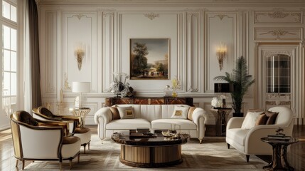 An elegant luxurious living room decorated in classic interior style