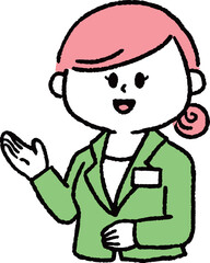 紹介しているスーツの女性