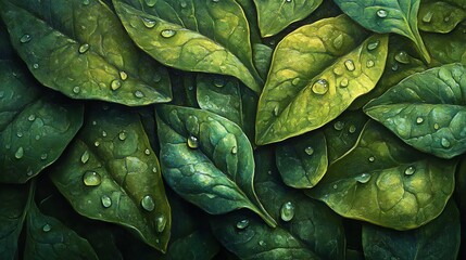 Fototapeta premium Fresh Green Spinach Leaves with Water Droplets Close Up View
