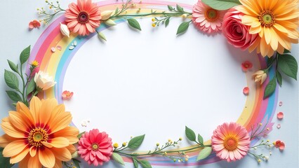 Fototapeta premium Vibrant floral frame with rainbow colors for marketing materials, advertising backgrounds, and social media posts with flowers and leaves, business branding, and colorful promotional imagery