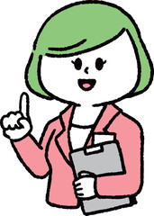 ファイルを持って指差しをしているスーツの女性