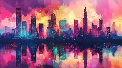 Fototapeta premium A vibrant watercolor cityscape, reflecting a mesmerizing view of a metropolis at twilight.