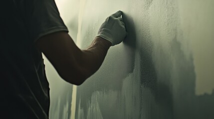 A drywall worker applying joint compound to a wall. Featuring attention to detail and skill