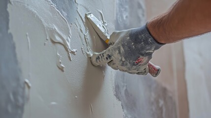 A drywall worker smoothing joint compound. Featuring focus and skill