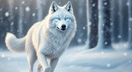 Obraz premium Majestic white wolf in snowy forest with piercing blue eyes