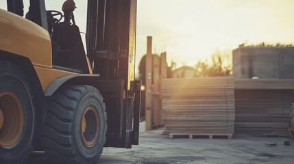 A forklift driver moving heavy materials on a construction site. Featuring coordination and efficiency