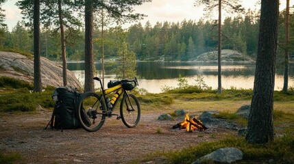 Obraz premium A gravel bike standing next to a campsite in a pine forest with a gently burning fire.