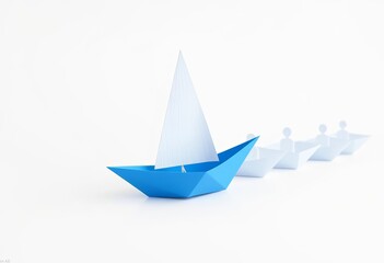 Blue paper sailboat leads fleet of white ones on white background, symbolizing innovative leadership, innovation,  strategy