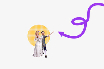3D collage trend artwork sketch poster of fashion vintage elegance dress accessory couple young man protect lady hold sword arrow attack