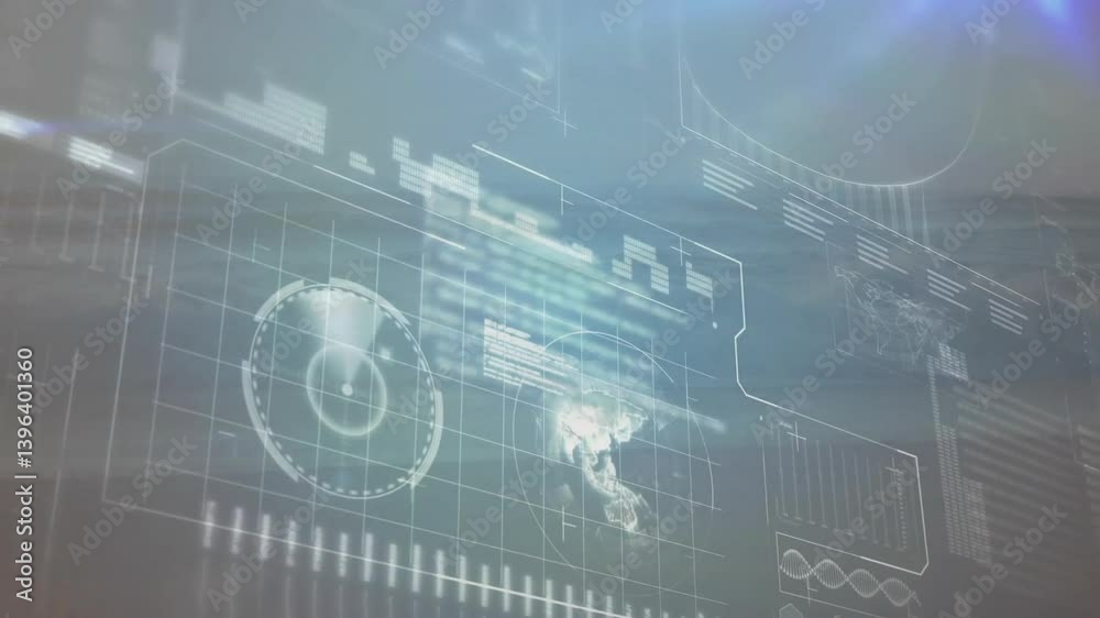 Poster digital animation with world map and data charts on abstract blue background