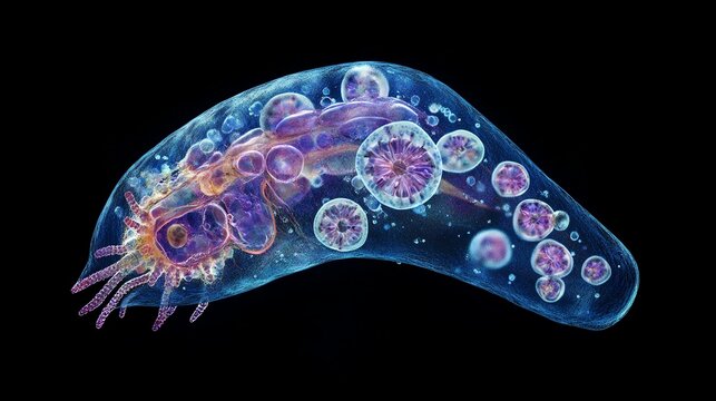 Detailed Microscopic View of Amoeba Proteus with Organelles and Pseudopods