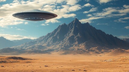 Unidentified object in the sky over desolate terrain with distant mountains