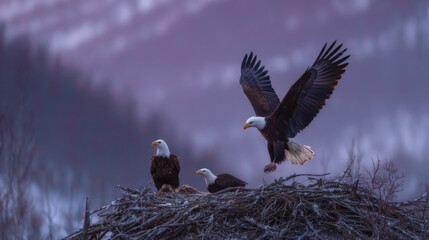 A close-up photo of a bald eagle family perched on a nest of rugged branches, framed against soft lavender dawn skies and blurred alpine trees, one parent mid-landing with wings open