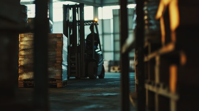 A forklift operator moving materials in a warehouse. Featuring efficiency and coordination