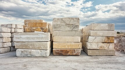 Stacks of construction materials, including quarry dirt and fine sand, ready for use.