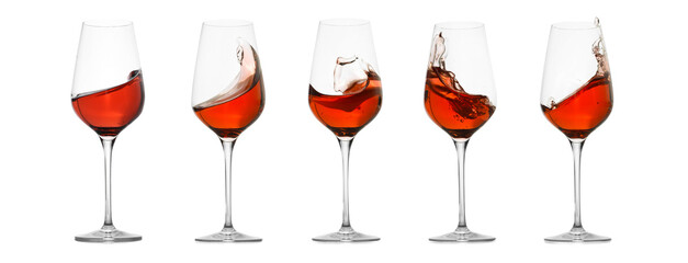 Red wine splashing in glasses on white background, set
