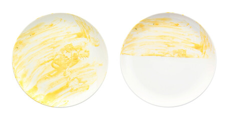 Dirty plate isolated on white, top view. Washing dish process