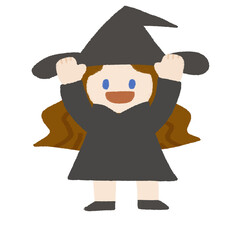 ハロウィンの魔女が笑顔でばんざいしている手描きのゆるいかわいいカラーイラスト